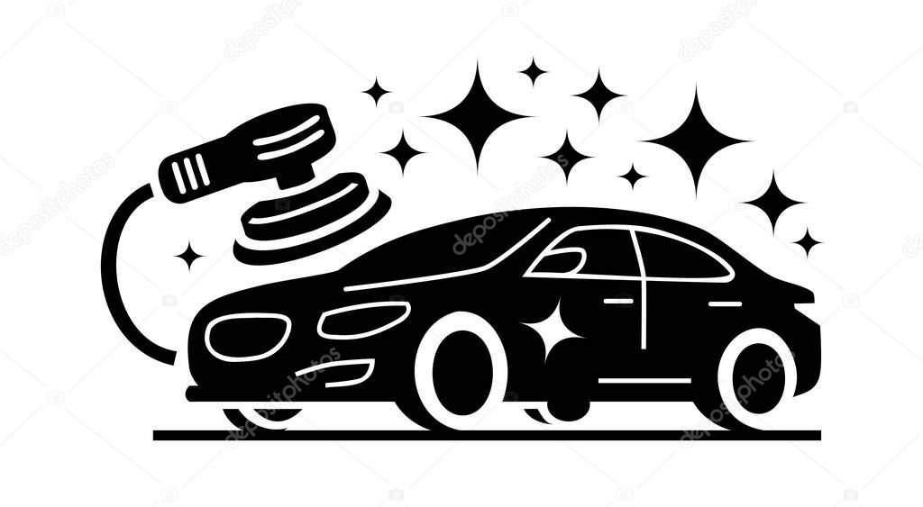 A vintage-inspired automotive detailing logo featuring a stylized polisher machine, a sleek car silhouette, and sparkling stars representing cleanliness. The design is flat, black on a white background, with a well-defined perspective and minimalisti