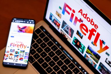 ITALY - 3 Nisan 2023: Adobe Firefly web sitesi bilgisayar mac laptop ekranı ve smatphone 'da görüntülendi. Adobe, AI Sanat Jeneratörü aracının beta sürümünü duyurdu.