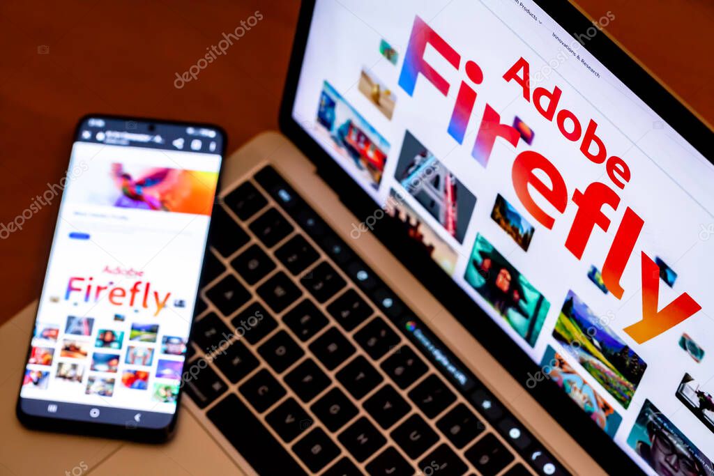 ITALY - April 3, 2023: Adobe Firefly website displayed on computer mac laptop screen and smatphone. Adobe has announced the beta release of its AI Art Generator tool.