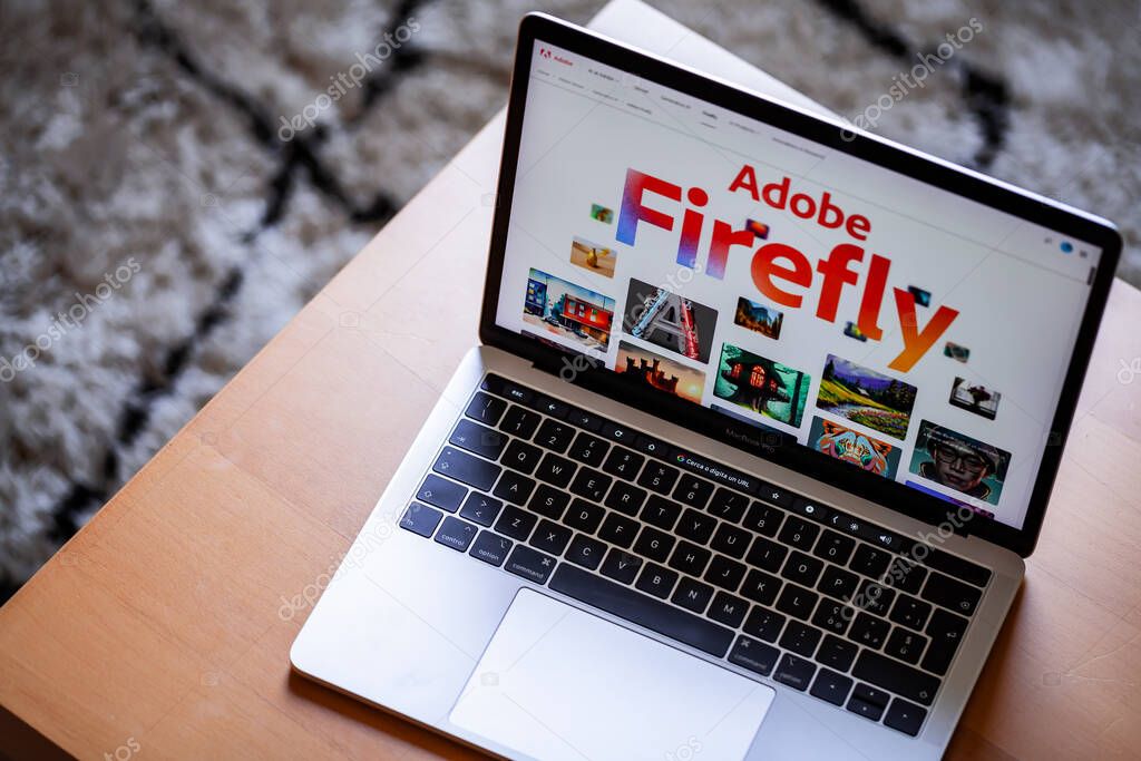 ITALY - April 4, 2023: Adobe Firefly website displayed on mac laptop screen. Adobe has announced the beta release of its AI Art Generator tool.