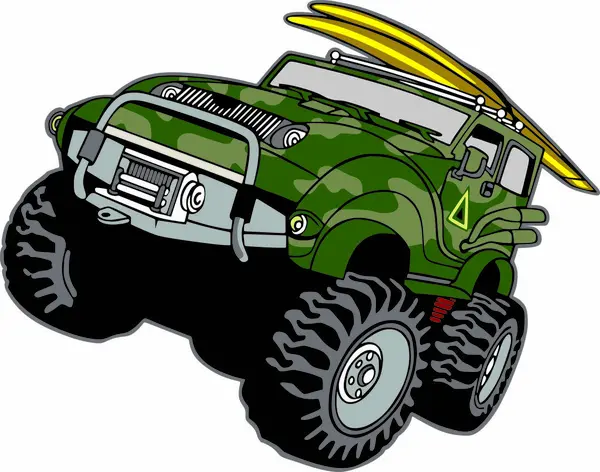 Çizgi film sörfçüsünün arabası okyanusa doğru gidiyor.