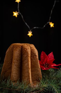 Pandoro pandoro pandoro 'nun pandoro pandispge kekini, yeşil dallı, noktalı, siyah arka planda yıldız ışıkları, dikey, kopyalama alanı ile kapatın.