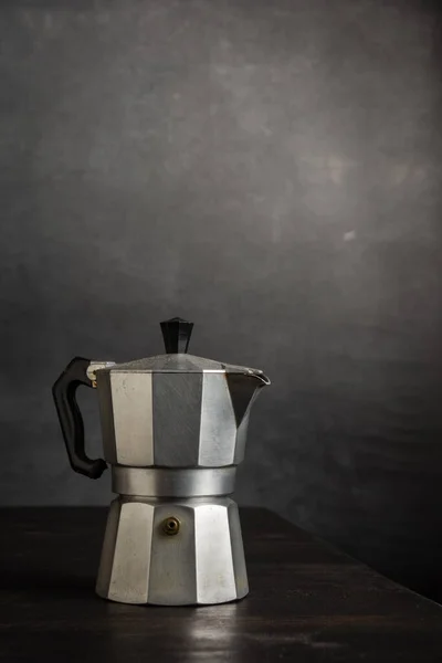 Close Metal Coffee Pot Dark Wooden Table Gray Background Vertical — Stock Photo, Image