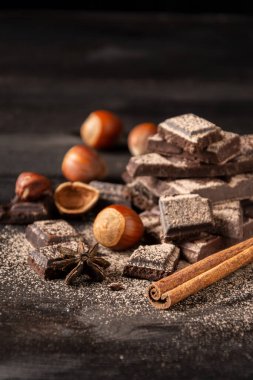 Kakao tozu, tarçın çubuğu ve fındık, seçici odak, koyu arka plan, dikey, fotokopi alanı olan çikolata parçalarının üst görünümü