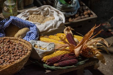 Mısır, fındık, ceviz ve patates dolu sepetlerin üst görüntüsü, yatay Katalan çiftlik evinde.