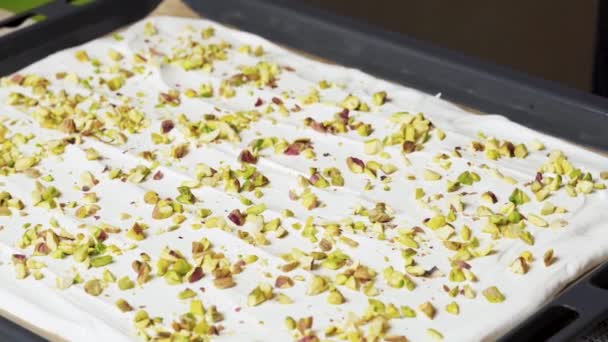 Sprinkle Meringue Dough Crushed Pistachios Make Roll — Stock Video