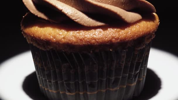 Macro Cupcake Escuro Sob Feixe Holofote Com Creme Marrom Mirtilos — Vídeo de Stock