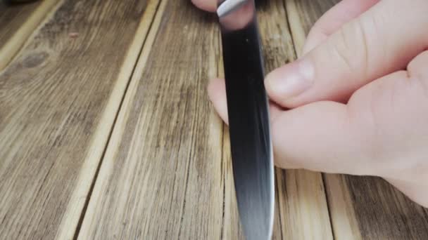 Rodo Faca Minha Mão Verificar Sua Lâmina Close — Vídeo de Stock