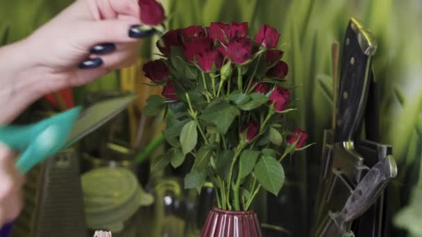 Chef Pastelaria Menina Corta Uma Flor Rosa Vermelha Para Decorar — Vídeo de Stock