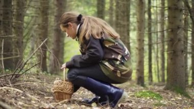 A girl in a camouflage jacket walks through the woods with a basket. Looking for mushrooms.