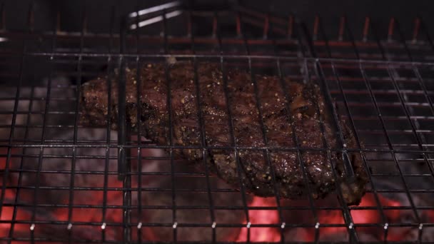 Ribeye Steak Wire Rack Hot Coals Fat Dripping Meat Close — Stock Video