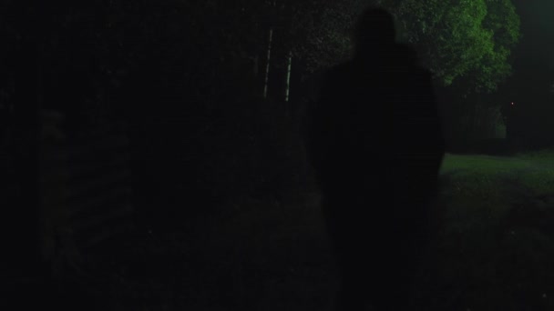 ブーツを着た女の子が森の中の暗闇の中を歩き回ります 懐中電灯と点滅する赤い懐中電灯 — ストック動画