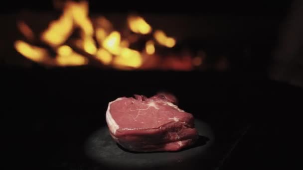 Piece Beef Fillet Mignon Background Fire Revolves Put Meat Rotating — Stock videók