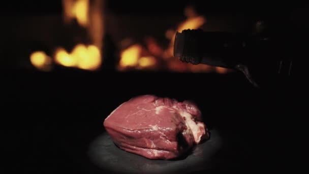 Piece Beef Fillet Mignon Background Fire Revolves Sprinkle Olive Oil — Stock video