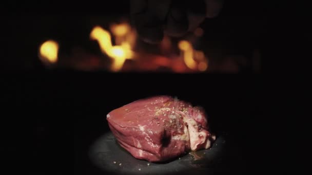 Piece Beef Fillet Mignon Background Fire Revolves Sprinkle Salt — Vídeos de Stock