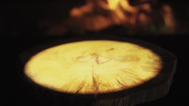Revolving Wooden Food Tray Fire Background Light Spotlight — Video Stock