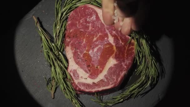 Close Steak Rosemary Spinning Spotlight Close Top View Sprinkle Salt — Stock Video