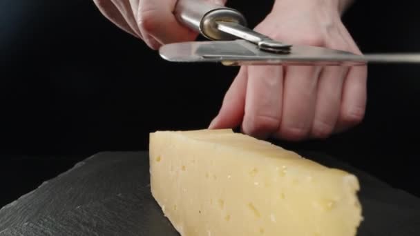Girl Cuts Cheese Special Knife Slider Dolly Extreme Close Laowa — Stockvideo