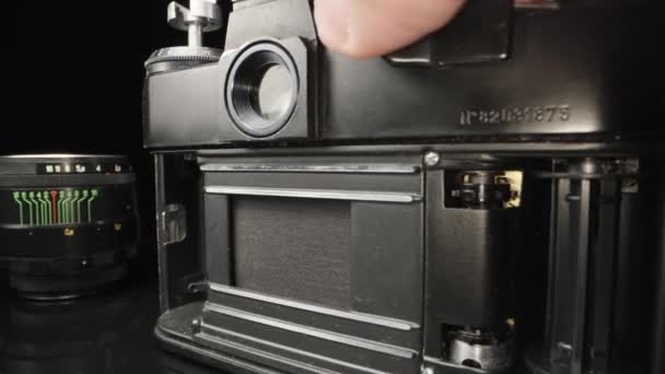 Checking Work Old Film Camera Close — Stockvideo