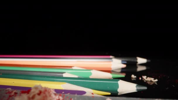 Multi Colored Pencils Table Pencil Sharpener Shavings Dolly Slider Extreme — Vídeo de Stock