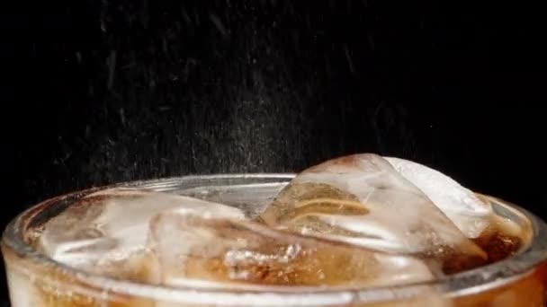 Pour Cola Glass Ice Bubbles Splashes Dolly Slider Extreme Close — Vídeo de Stock