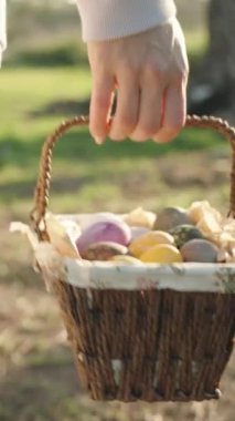 In the sunny Forest early in the morning, a girl walks with a basket of Easter Eggs. Rear view, close-up. Slow motion. Vertical video Social Media