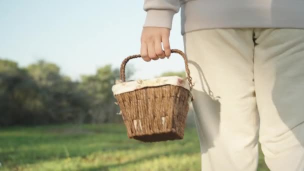 Girl White Pants Basket Easter Eggs Walks Green Forest Sunny — 图库视频影像