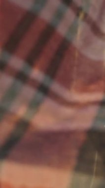 A woman carries a wicker basket with Easter Eggs, The setting sun and the wind blows the plaid on it. Sea sand and waves in the background. Slow motion. Vertical video Social Media
