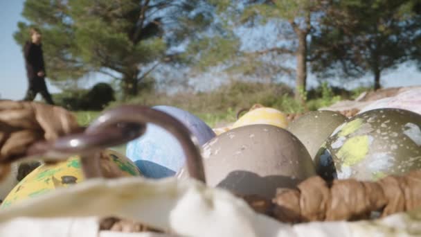 Wicker Basket Decorated Easter Eggs Forest Tree Pick Dolly Slider — Vídeo de Stock