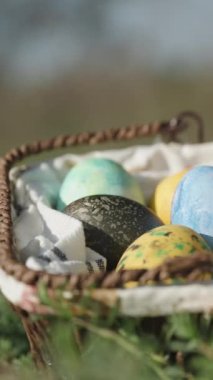 A knitted basket with Easter eggs hidden in the grass and glistening in the sun in the forest. Close-up. Vertical video Social Media