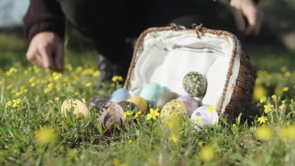 Man Black Approaches Basket Collects Scattered Decorated Easter Eggs Green — 图库视频影像