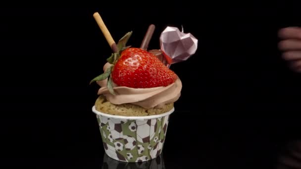 Light Candle Form Heart Strawberry Cupcake — Stock video