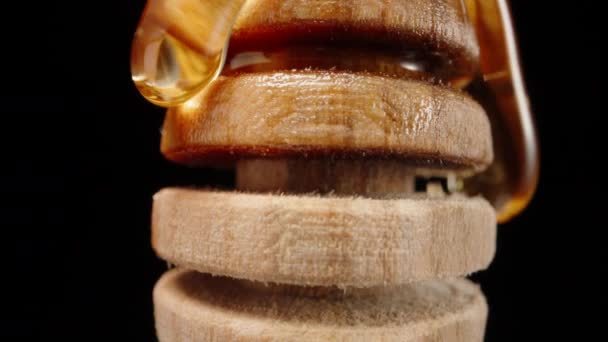 Wooden Spoon Honey Spin Honey Flows Macro Shot — Video Stock