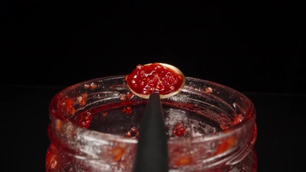Jar Raspberry Jam Spoon Jar Dolly Slider Very Close Probe — Wideo stockowe