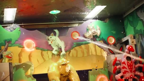 Hall Slot Machines Shoot Jet Water Figurines Animals Slow Motion — Video