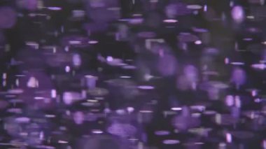 Macro abstraction. Purple particles rotate on a black background, in space. Round and oval bokeh.
