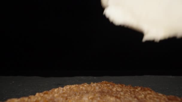 Making Sandwich Spread Cream Cheese Black Bread Knife Dolly Slider — Vídeo de Stock
