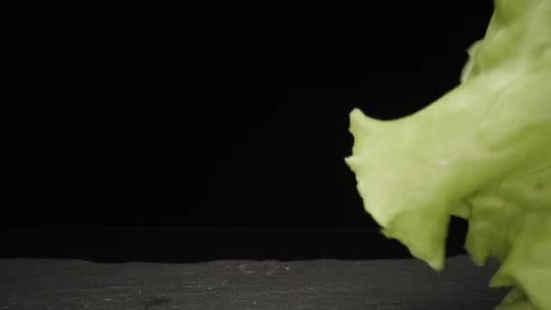Making Sandwich Put Lettuce Leaf Bread Dolly Slider Extreme Close — Vídeos de Stock