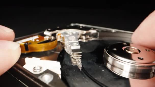 Disassembled Computer Hard Drive Black Background You Cant Repairs Touch — Stockvideo