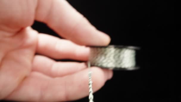 Cut Strong White Green Thread Scissors Black Background Close — Stok Video