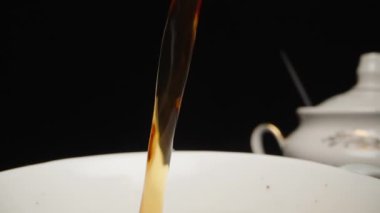 Tea drinking, pouring tea into a cup. Slow motion, Dolly slider extreme close-up. Laowa Probe