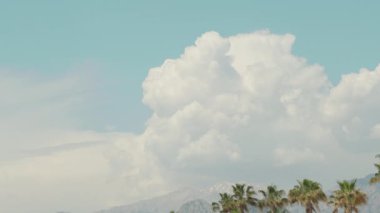 Clouds and tops of palms against the backdrop of mountains.