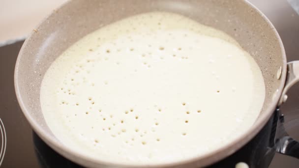 Close Pancake Fried Frying Pan Bubbles Dough Burst — Stock Video
