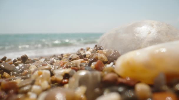 海滩上的石头被波浪覆盖着 超级宏观 — 图库视频影像