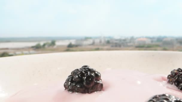 Breakfast Open Sky Balcony Sunny Morning Toss Mulberries Fruity Yogurt — Stock Video