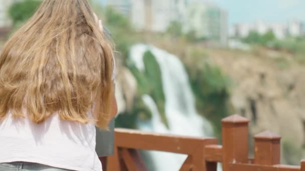 Young Woman Looks Waterfall Binoculars High Cliff Duden Waterfall Duden — Vídeo de stock