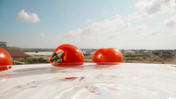 Werfen Sie Tomaten Gegen Den Blauen Himmel Ins Wasser Nahaufnahme — Stockvideo