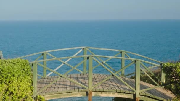 Wooden Bridge Abyss Sea Background Walk Park Summer Sunny Day — Stock Video