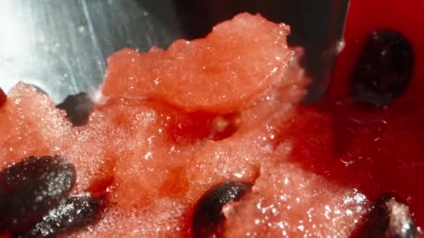 Scoop Out Pulp Watermelon Spoon Red Watermelon Sun Close — Stock Video