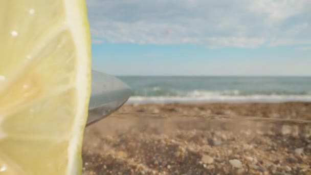 Κομμάτια Λεμονιού Ένα Πιάτο Στο Φόντο Της Θάλασσας Ένα Μαχαίρι — Αρχείο Βίντεο